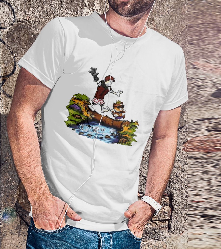 Boy And Crowned Cat Balancing On Log Over Stream T-Shirt