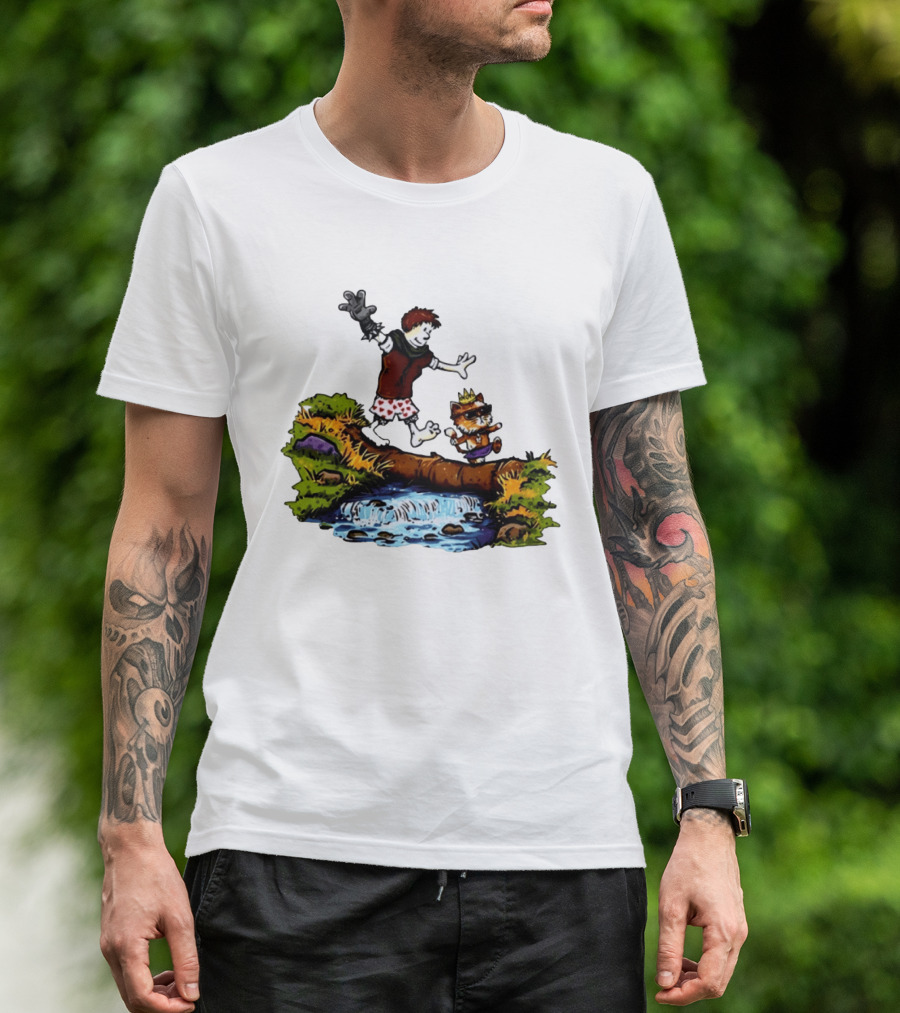 Boy And Crowned Cat Balancing On Log Over Stream T-Shirt