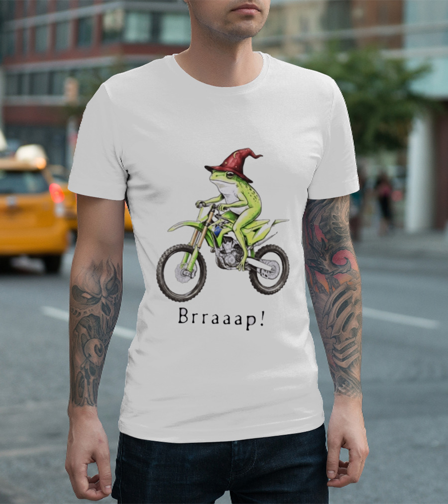 Brraaap Wizard Frog On Green Motocross Bike T-Shirt