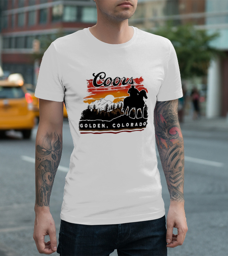 Coors Golden Colorado Cowboy Sunset Mountains T-Shirt