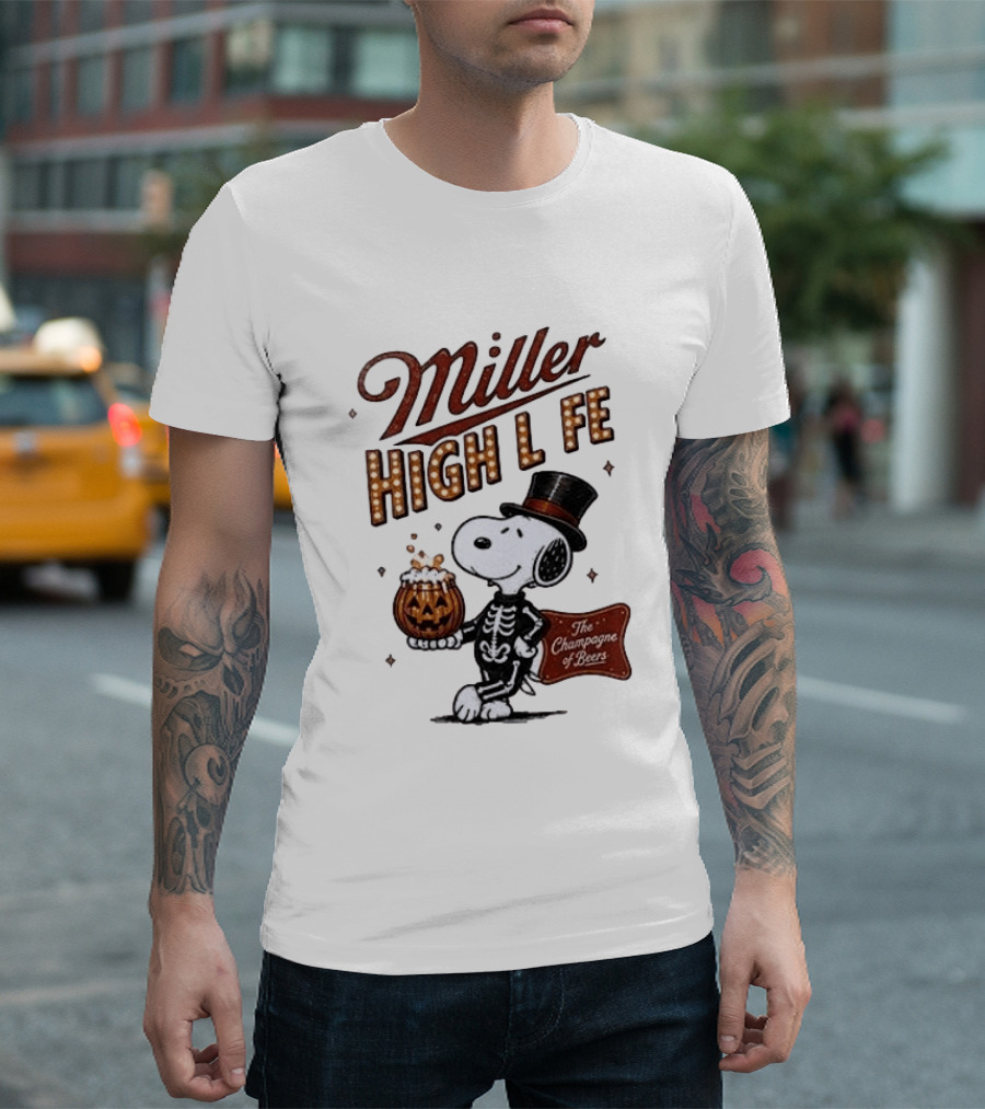 Miller High Life Snoopy Skeleton Halloween The Champagne Of Beers T-Shirt