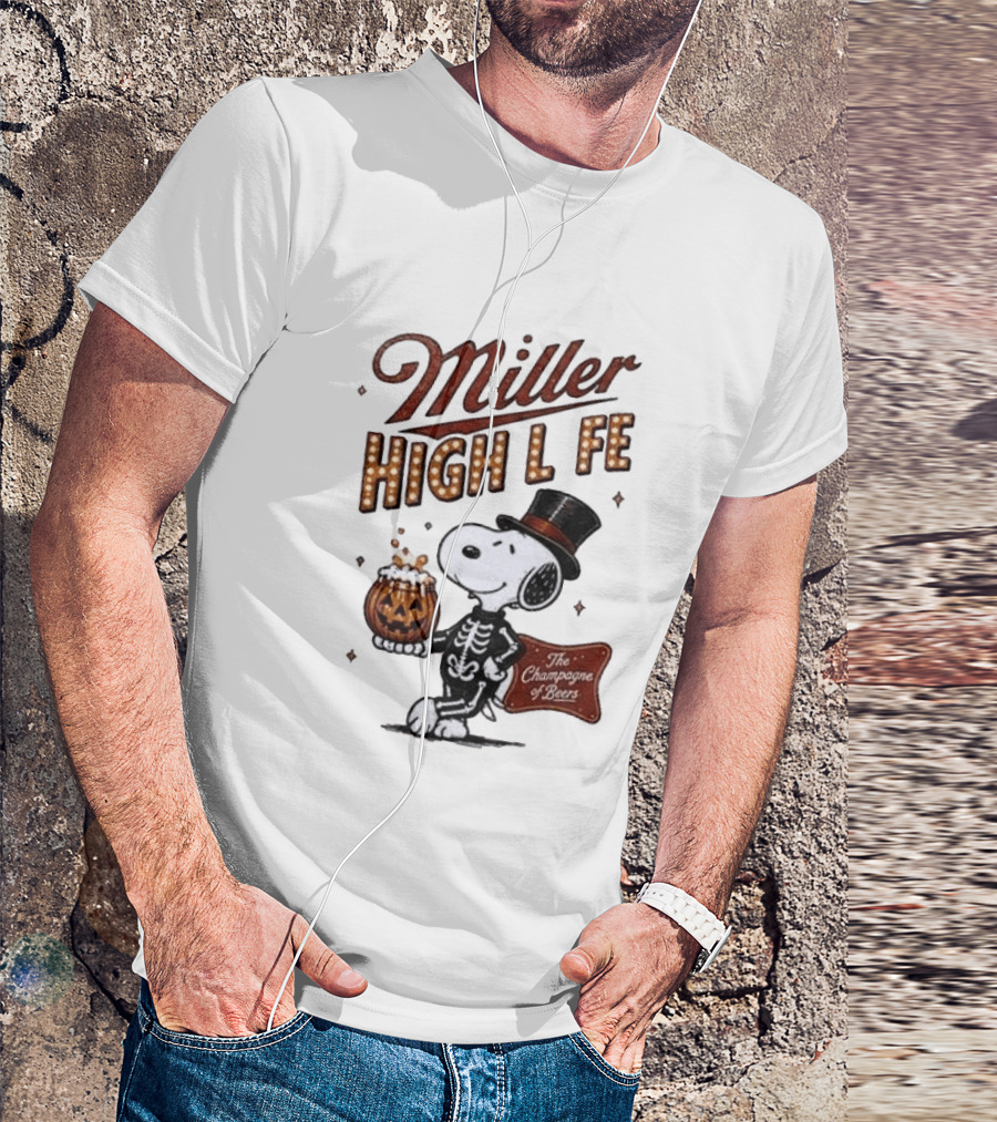 Miller High Life Snoopy Skeleton Halloween The Champagne Of Beers T-Shirt