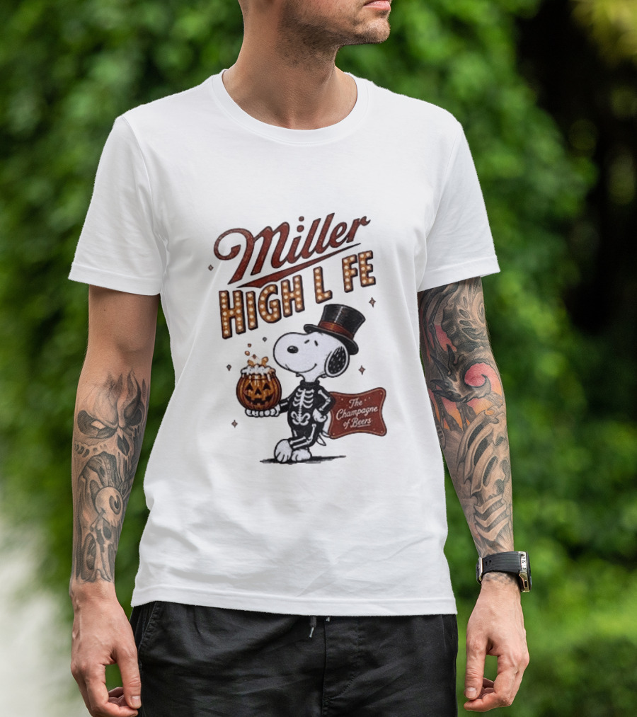 Miller High Life Snoopy Skeleton Halloween The Champagne Of Beers T-Shirt