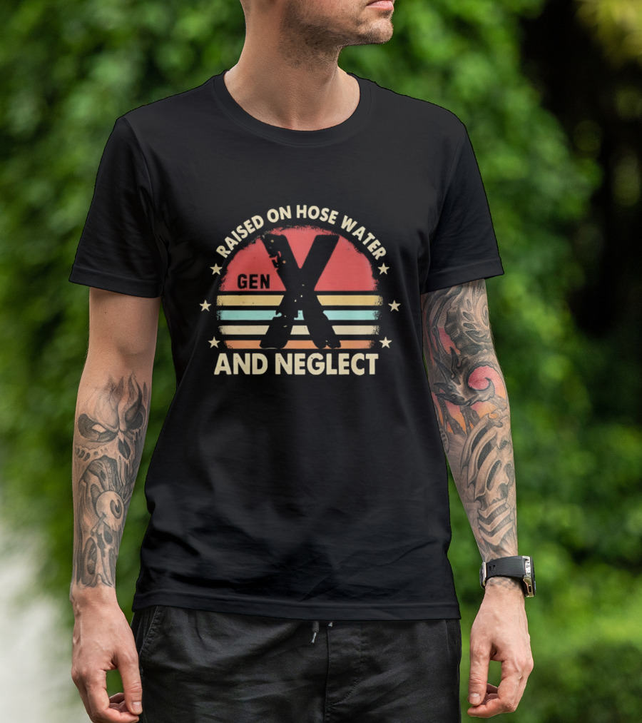 Gen X Raised On Hose Water And Neglect Vintage 70s Style Retro Stripes T-Shirt