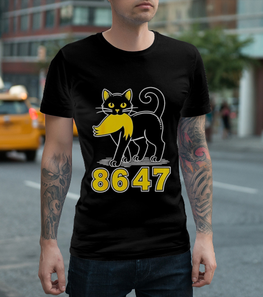 Black Cat 8647 Feline With Yellow Mustache T-Shirt