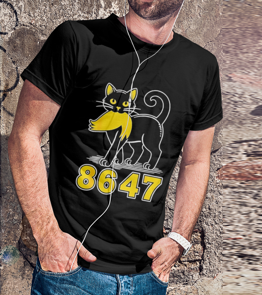 Black Cat 8647 Feline With Yellow Mustache T-Shirt