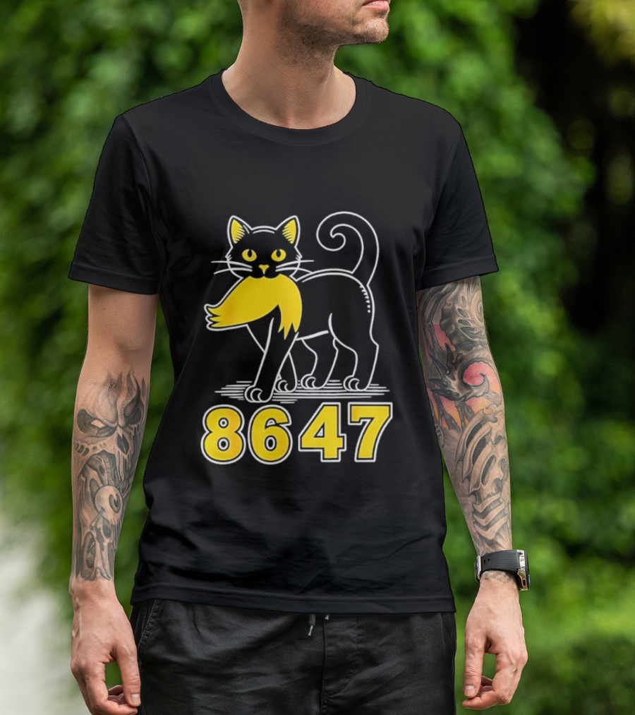 Black Cat 8647 Feline With Yellow Mustache T-Shirt