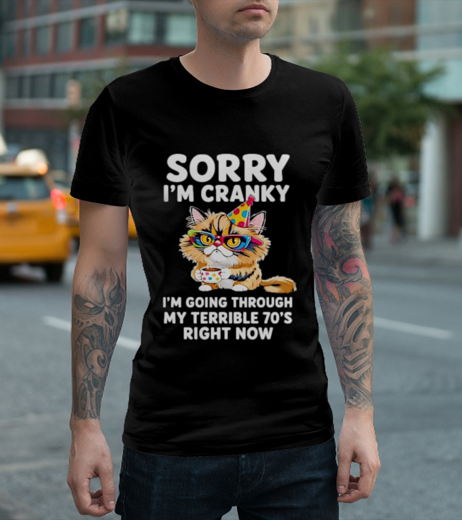 Sorry I'm Cranky Cat Going Through My Terrible 70s Right Now Coffee Party Hat T-Shirt