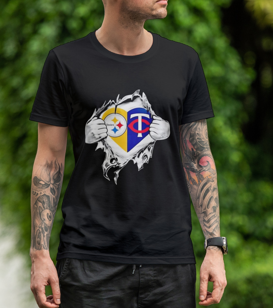 Pittsburgh Steelers Minnesota Twins Heart Superman Chest Rip T-Shirt