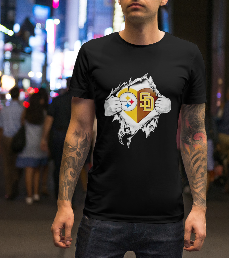 Pittsburgh Steelers San Diego Padres Heart Superman Chest Rip T-Shirt