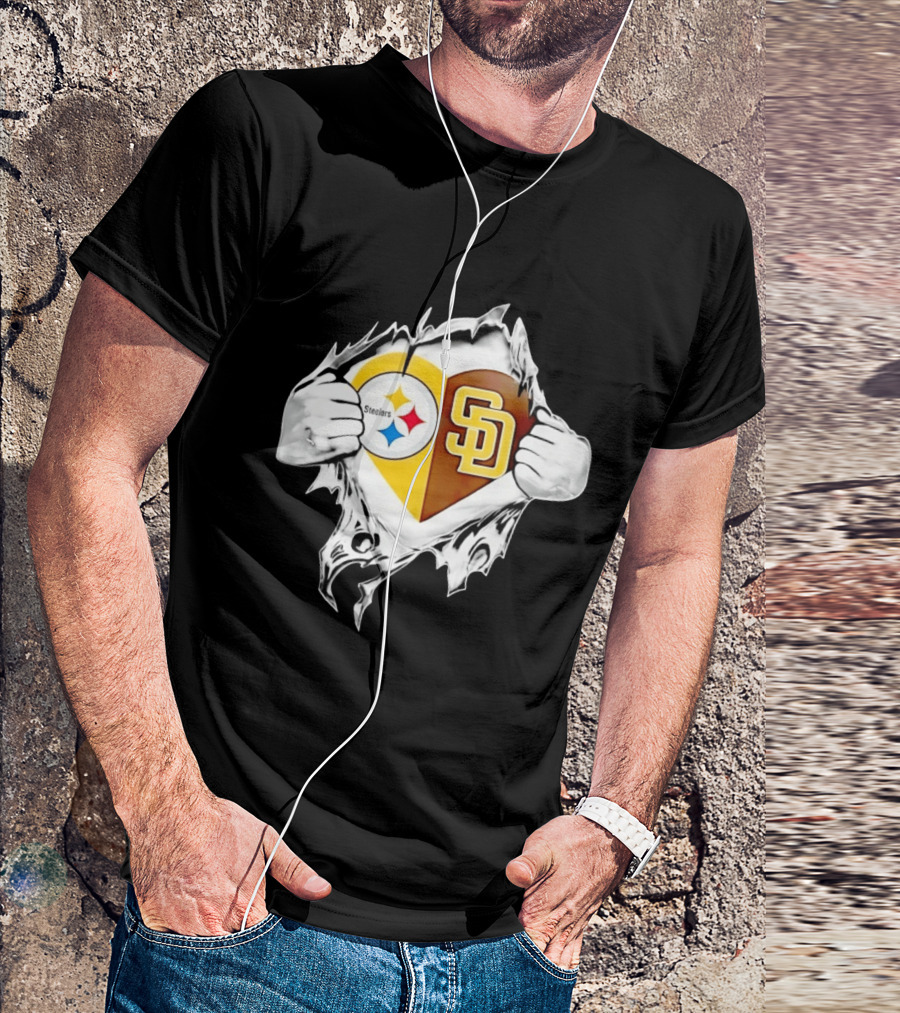 Pittsburgh Steelers San Diego Padres Heart Superman Chest Rip T-Shirt
