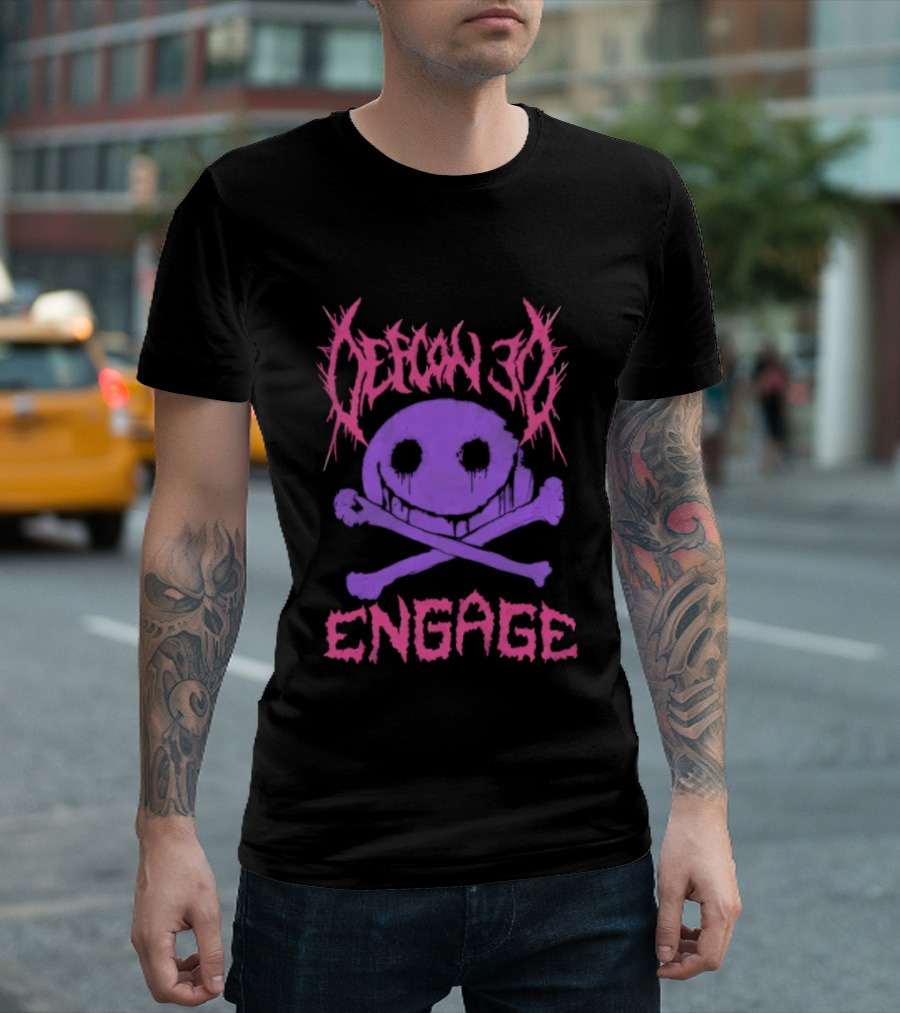 Defcon 30 Engage Purple Metal Skull Smiley T-Shirt