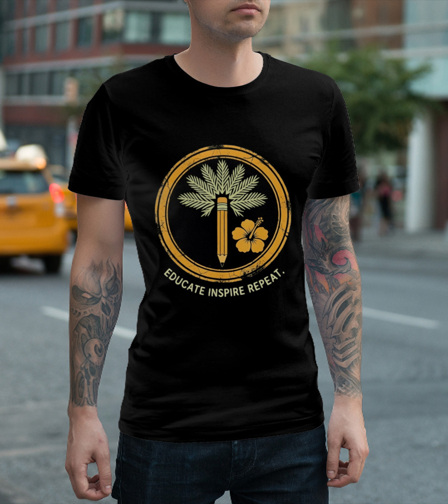 Distressed Educate Inspire Repeat Palm Tree Pencil Hibiscus T-Shirt