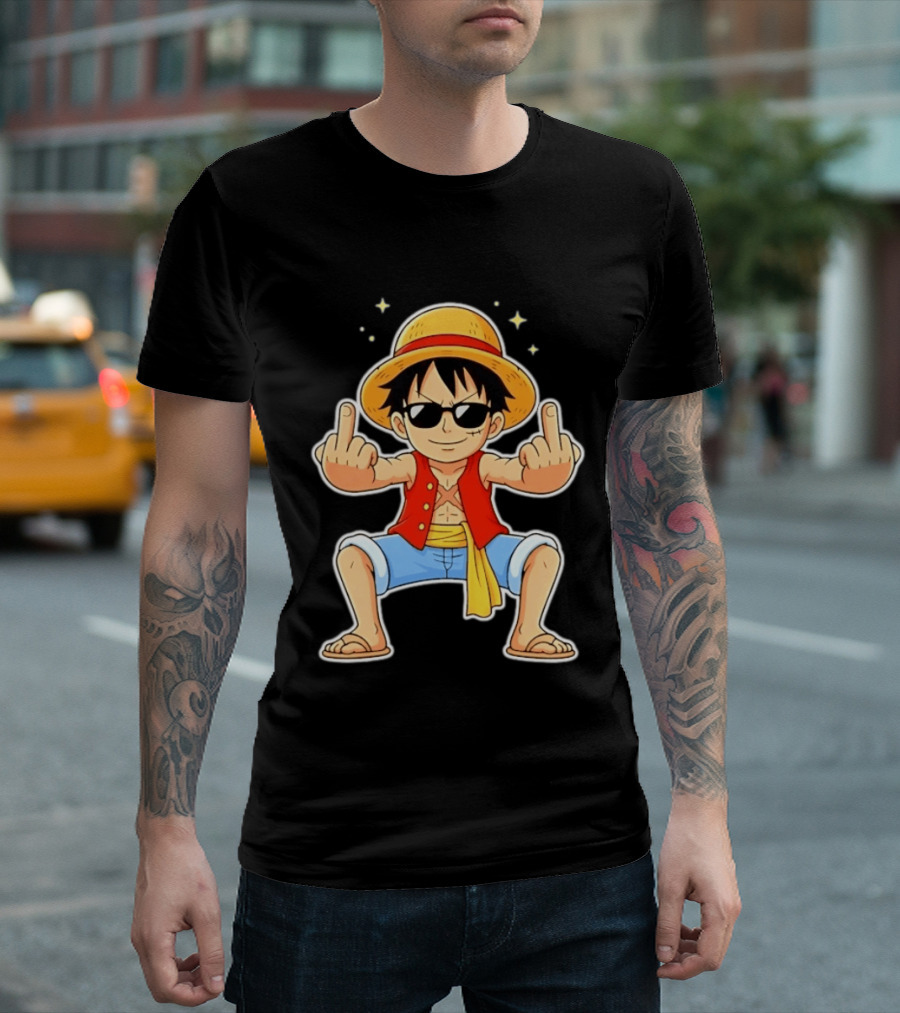 Monkey D Luffy Sunglasses Middle Finger Gesture Anime T-Shirt