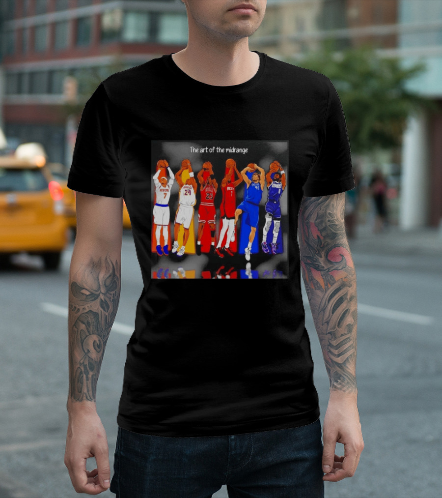 The Art Of The Midrange Basketball Legends Collage Knicks Lakers Bulls Rockets Mavericks T-Shirt
