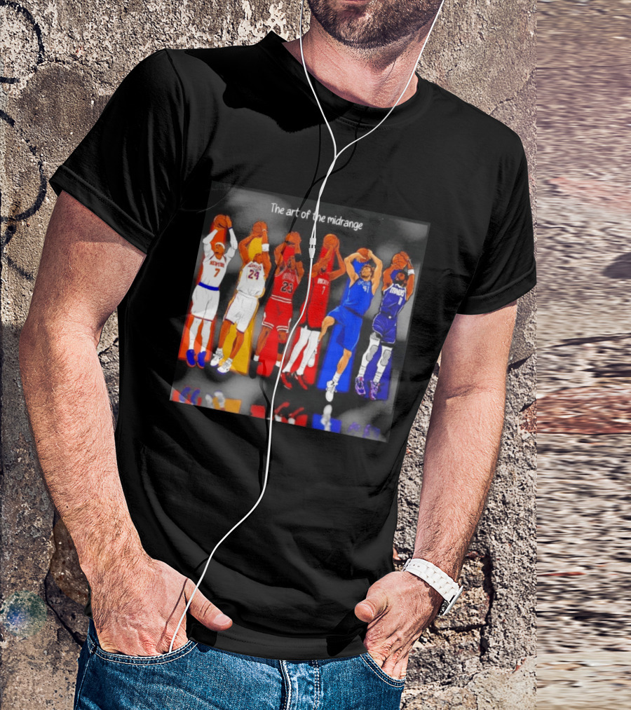 The Art Of The Midrange Basketball Legends Collage Knicks Lakers Bulls Rockets Mavericks T-Shirt