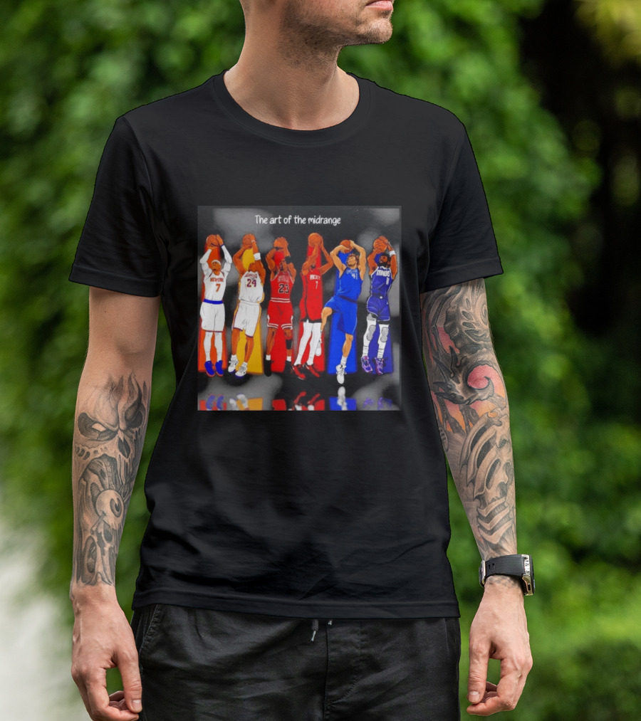The Art Of The Midrange Basketball Legends Collage Knicks Lakers Bulls Rockets Mavericks T-Shirt