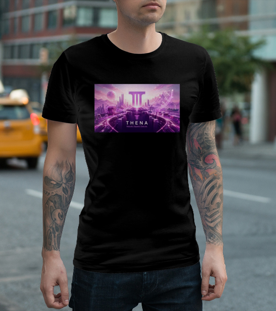 Thena Rebuild Expand Execute Futuristic Cityscape With Purple Skyline And Skyscrapers T-Shirt