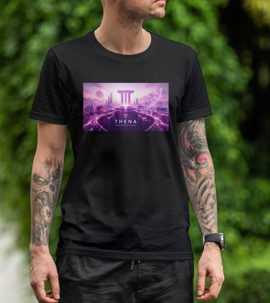 Thena Rebuild Expand Execute Futuristic Cityscape With Purple Skyline And Skyscrapers T-Shirt