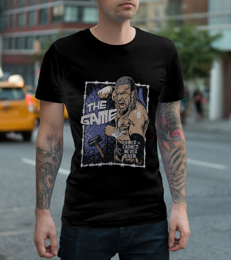 Triple H The Game WWE Power Is Earned Never Given Barbed Wire Signature Sledgehammer T-Shirt
