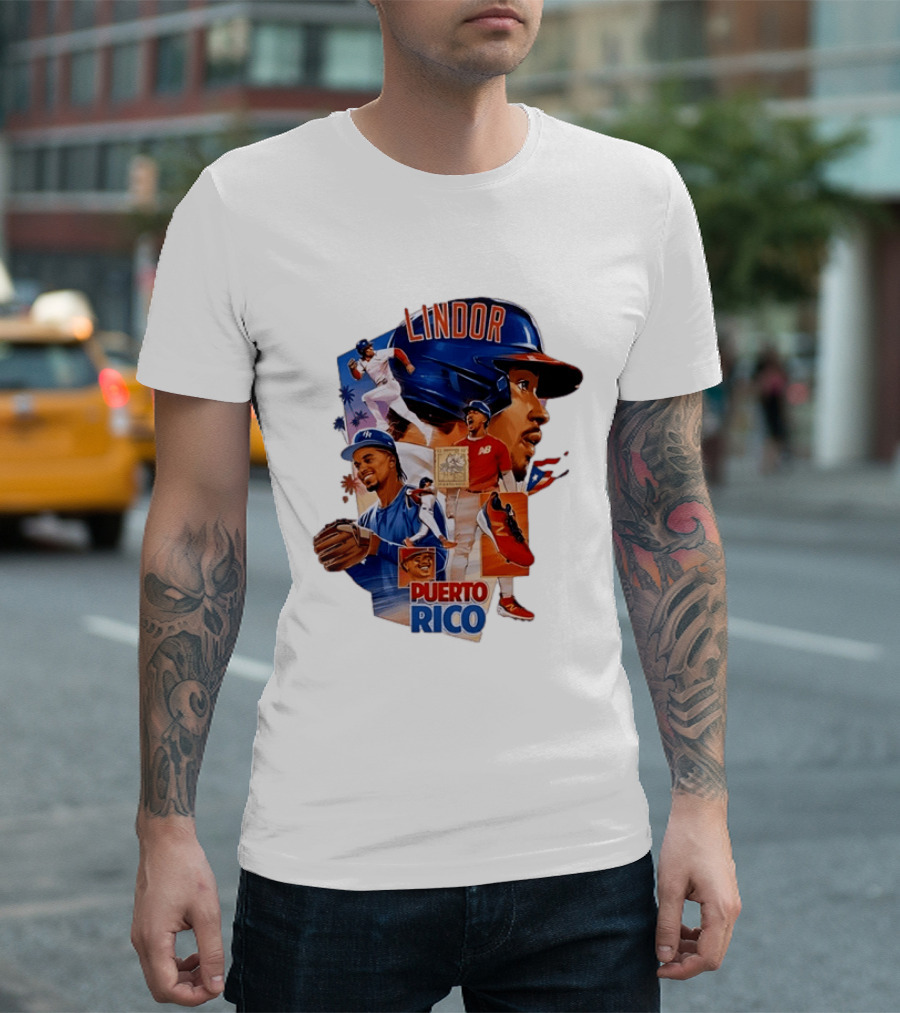 Francisco Lindor Puerto Rico New York Mets Baseball Legend Blue And Orange Helmet Dynamic Action Moves T-Shirt