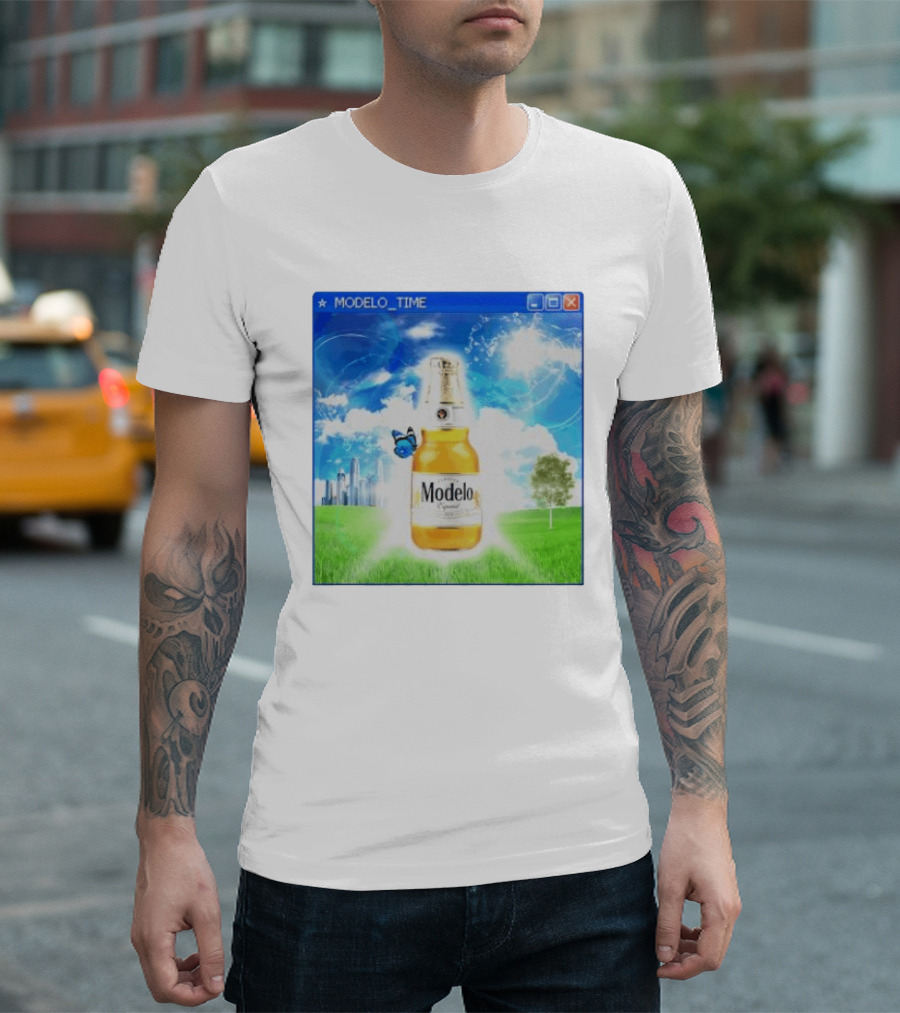 Modelo Time Frutiger Aero Aesthetic Butterfly Bottle Clouds Cityscape T-Shirt