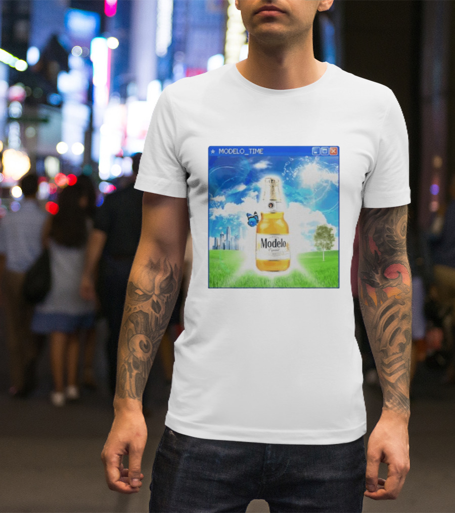 Modelo Time Frutiger Aero Aesthetic Butterfly Bottle Clouds Cityscape T-Shirt
