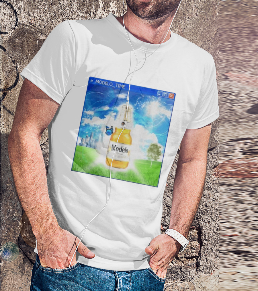 Modelo Time Frutiger Aero Aesthetic Butterfly Bottle Clouds Cityscape T-Shirt