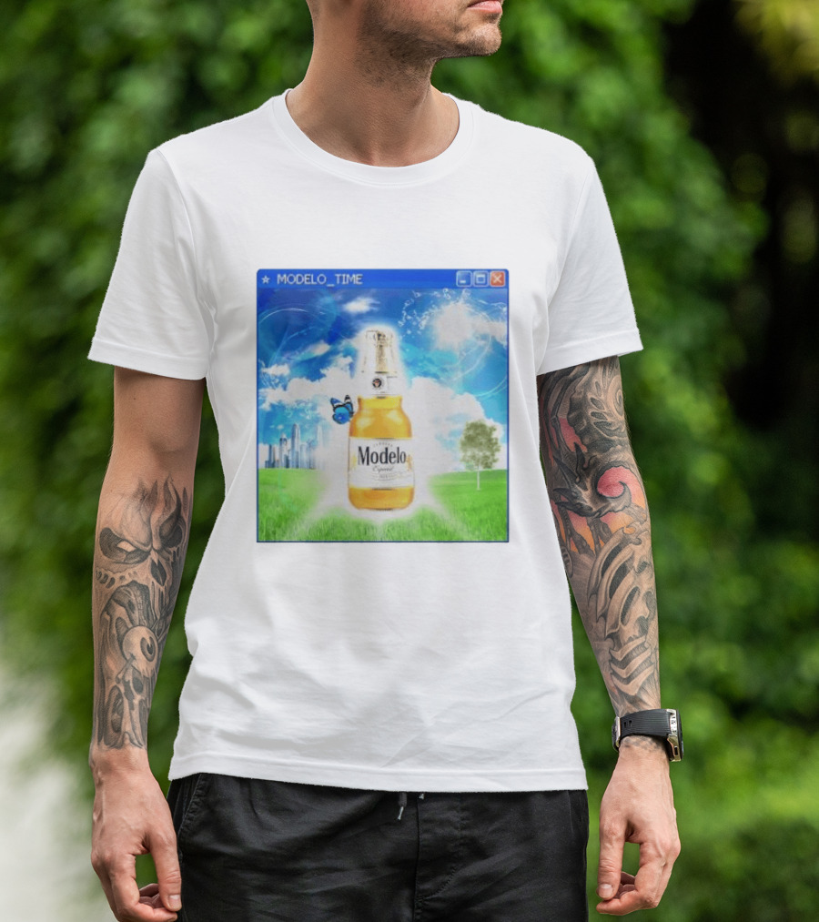 Modelo Time Frutiger Aero Aesthetic Butterfly Bottle Clouds Cityscape T-Shirt