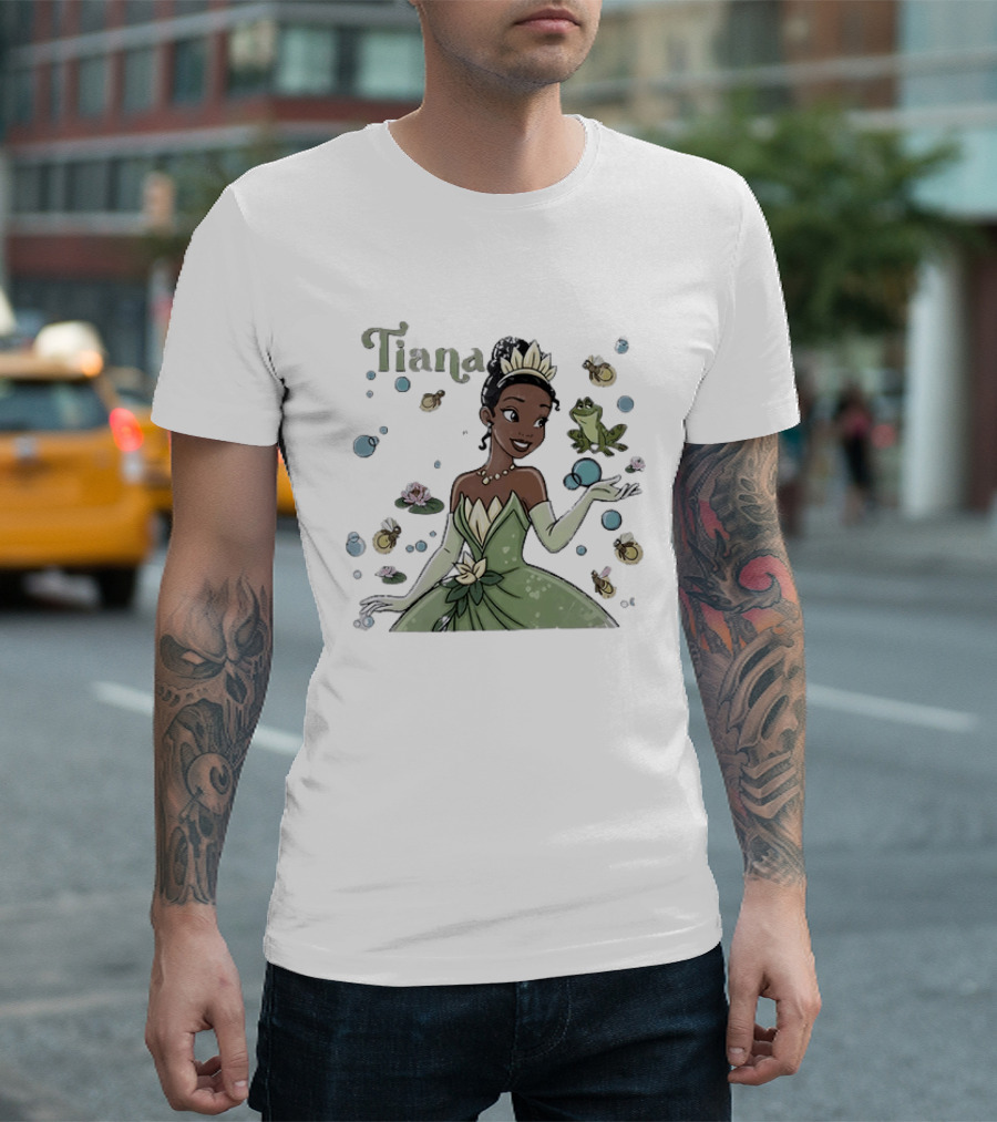 Tiana Disney Princess With Frog Fireflies And Water Lilies T-Shirt