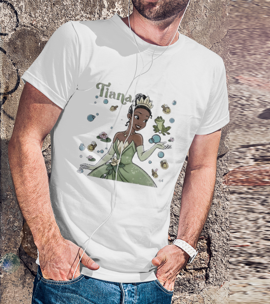 Tiana Disney Princess With Frog Fireflies And Water Lilies T-Shirt