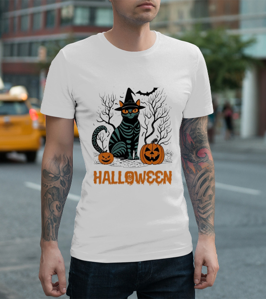 Halloween Skeleton Cat Witch Hat Pumpkins Spooky Forest Scene T-Shirt