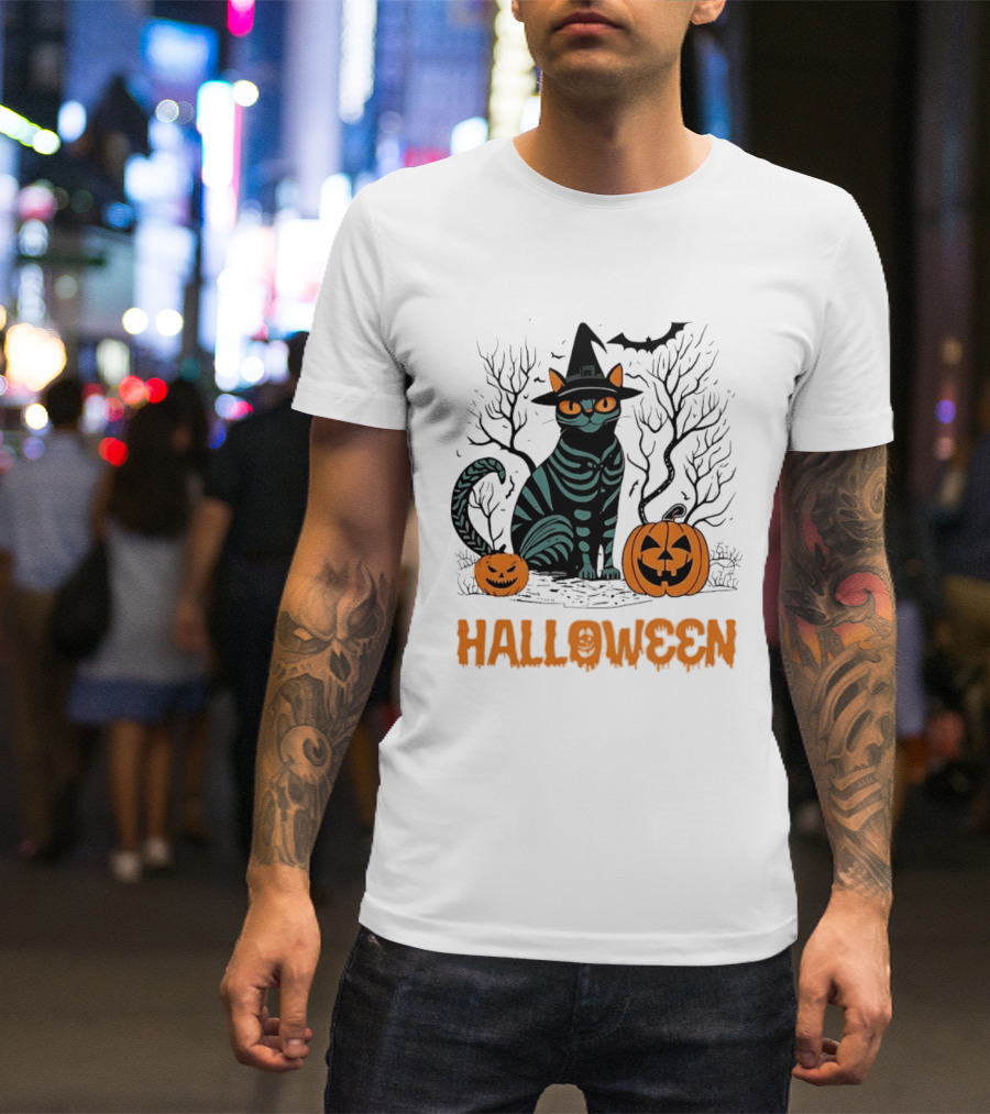 Halloween Skeleton Cat Witch Hat Pumpkins Spooky Forest Scene T-Shirt