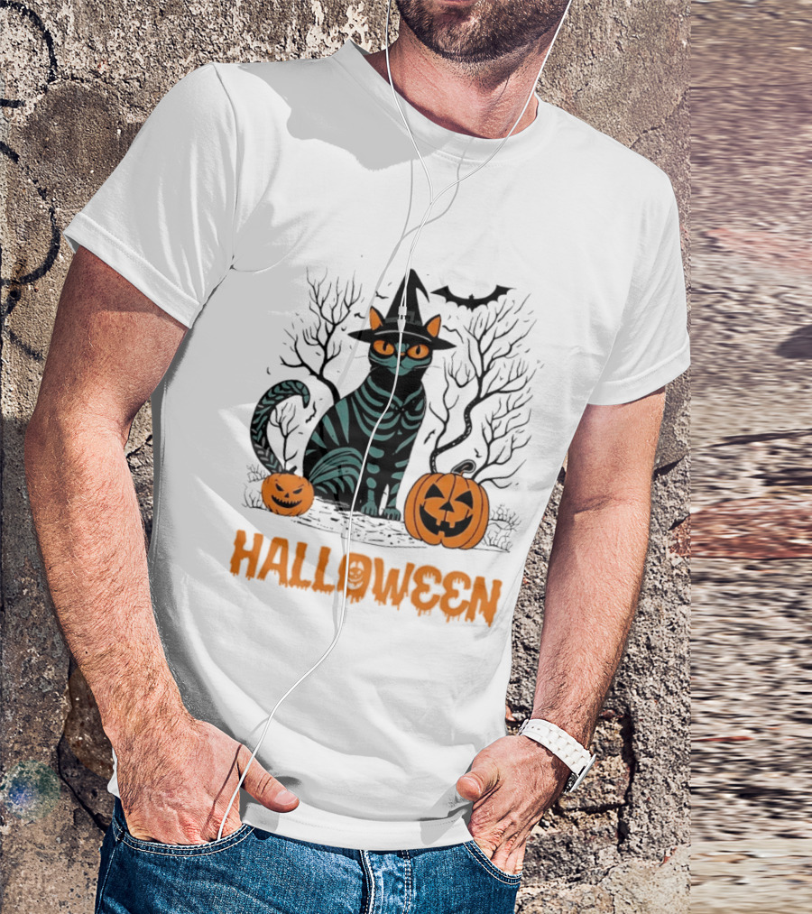 Halloween Skeleton Cat Witch Hat Pumpkins Spooky Forest Scene T-Shirt