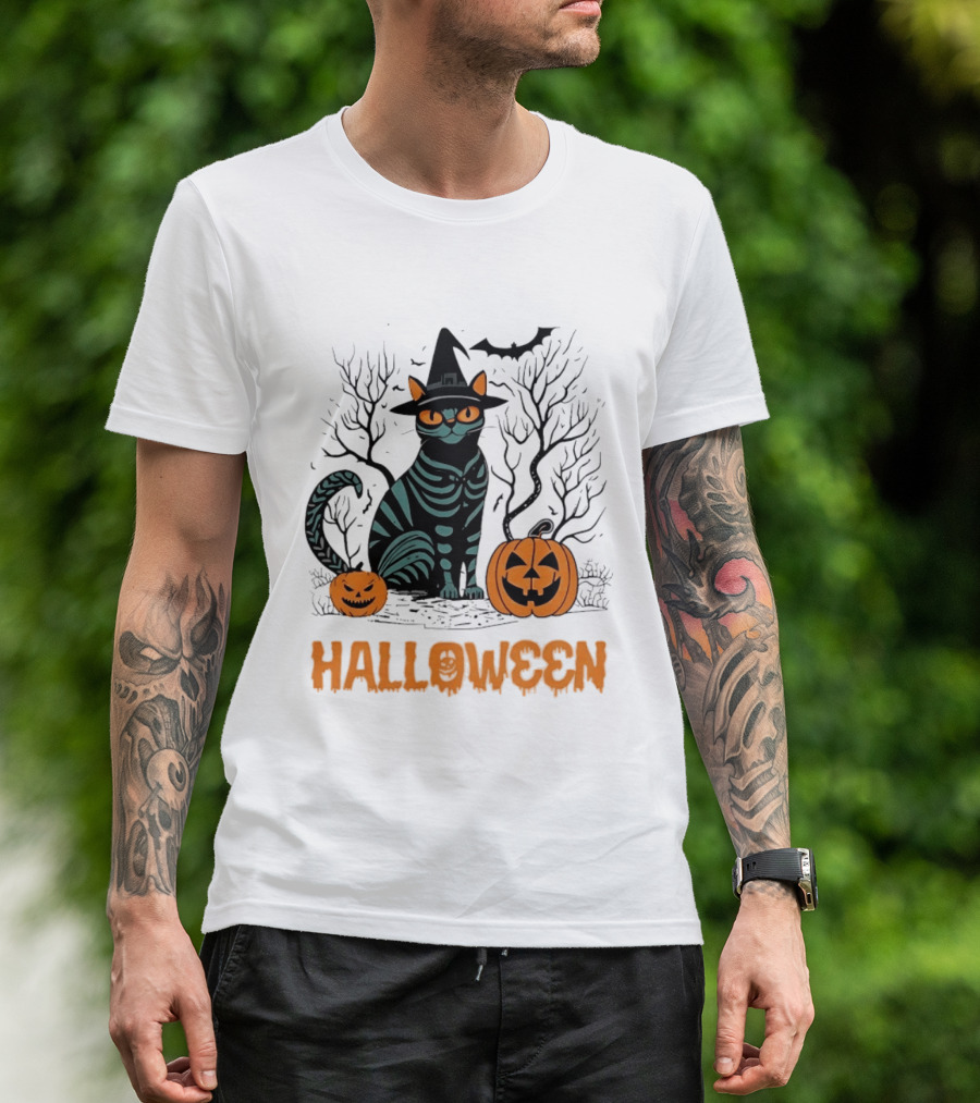 Halloween Skeleton Cat Witch Hat Pumpkins Spooky Forest Scene T-Shirt