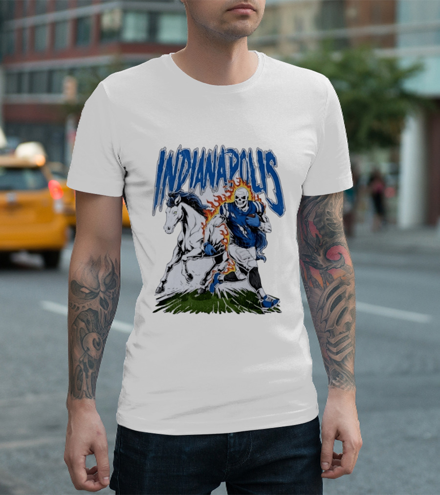 Indianapolis Football Skull And Horse Sports Flame Player Running T-Shirt