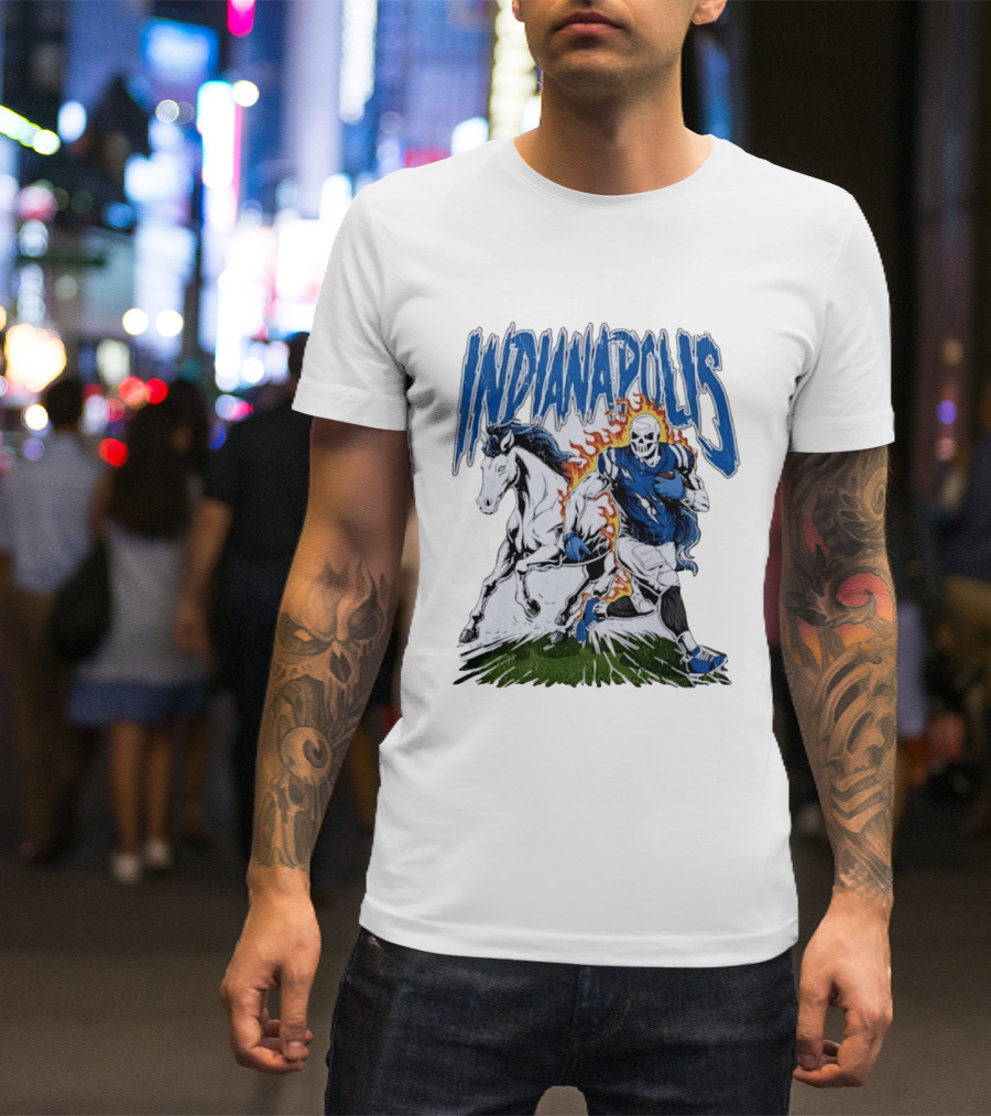 Indianapolis Football Skull And Horse Sports Flame Player Running T-Shirt