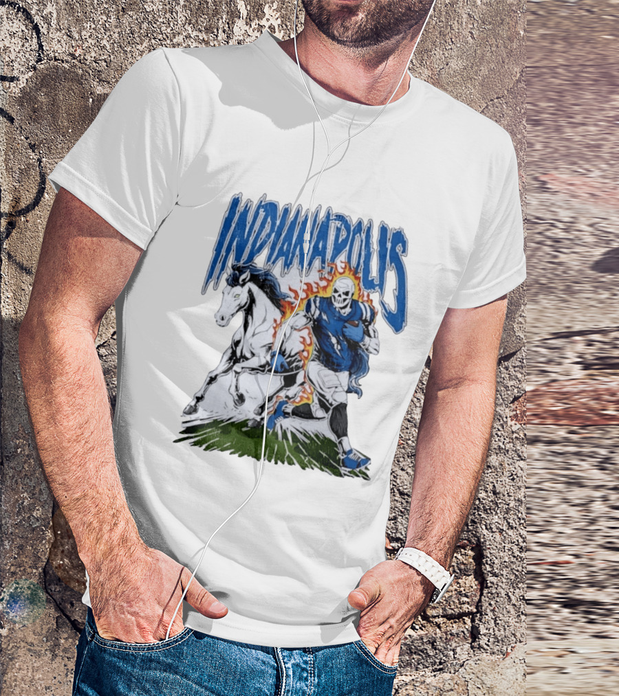 Indianapolis Football Skull And Horse Sports Flame Player Running T-Shirt