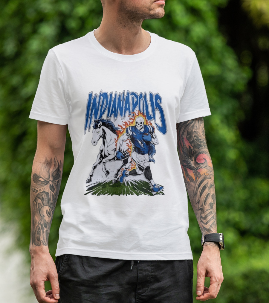 Indianapolis Football Skull And Horse Sports Flame Player Running T-Shirt