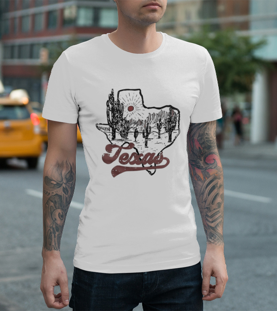 Texas Cacti Sun Rays Desert Scene Map T-Shirt