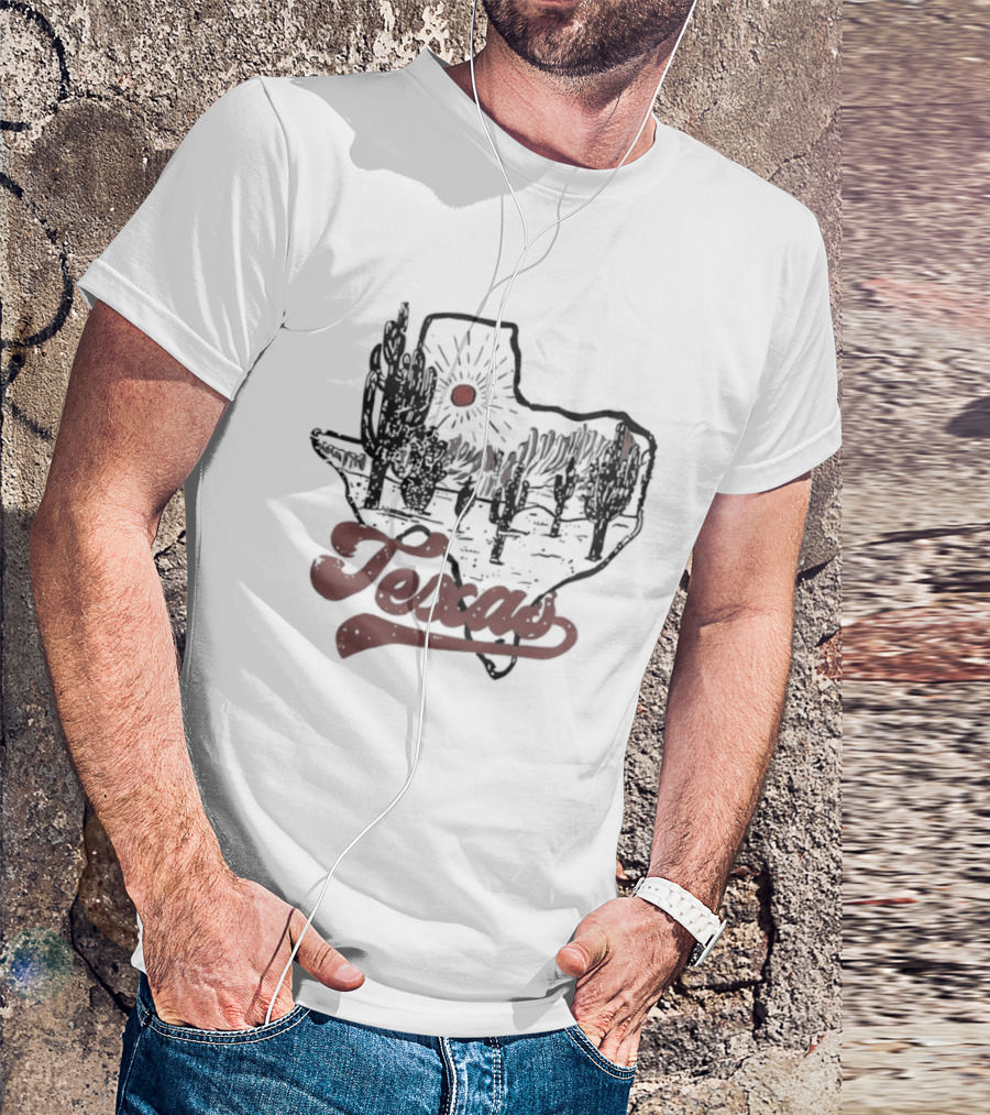 Texas Cacti Sun Rays Desert Scene Map T-Shirt