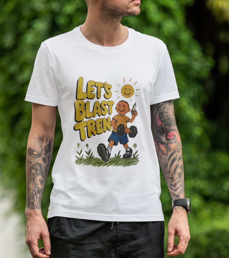 Let's Blast Tren Bodybuilding Fitness Workout Cartoon Dumbbell Sun T-Shirt