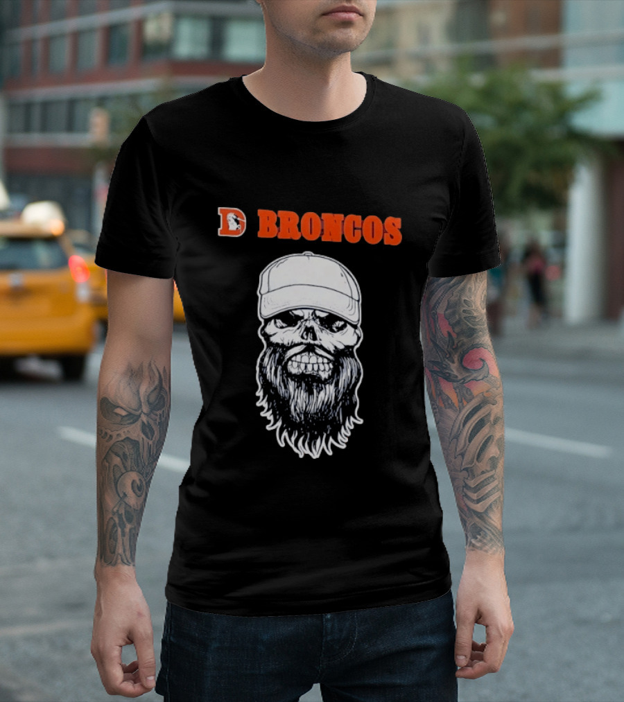 Broncos Bearded Skull With Cap Football Fan T-Shirt