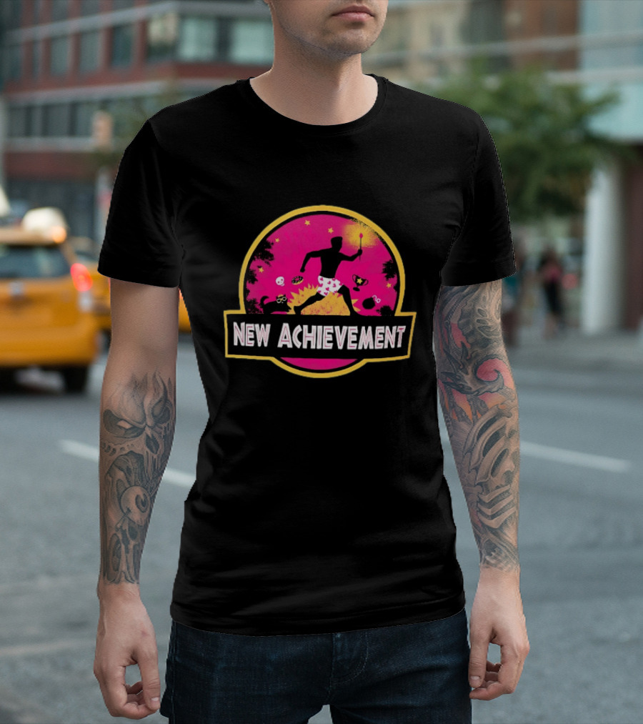 New Achievement Gaming Gamer Video Game Silhouette With Cat And Trophy T-Shirt