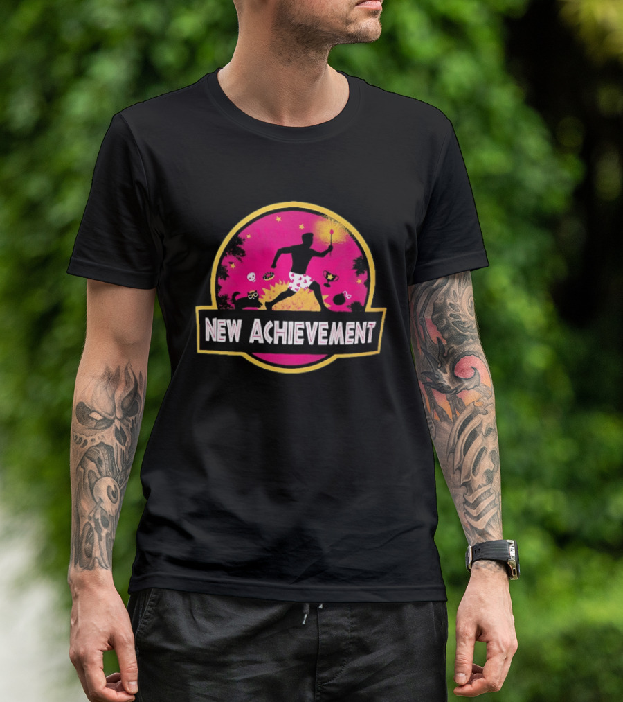 New Achievement Gaming Gamer Video Game Silhouette With Cat And Trophy T-Shirt