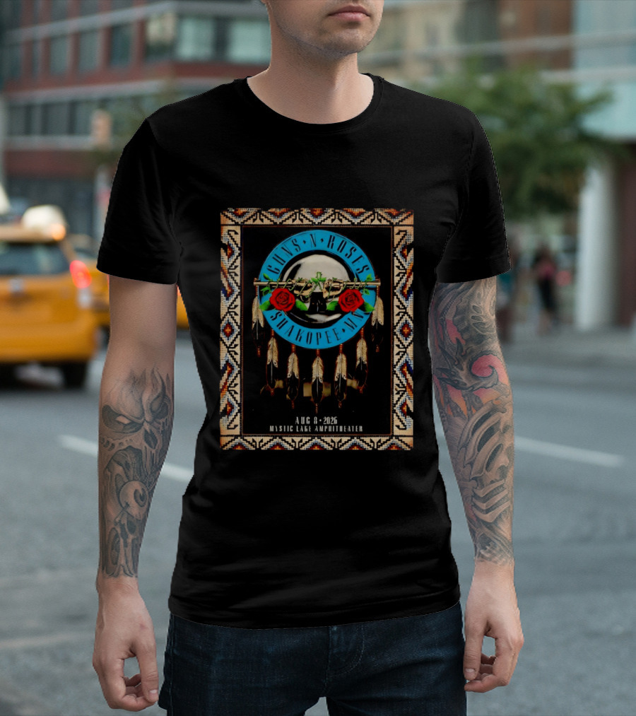 Guns N' Roses Shakopee MN August 8 2026 Mystic Lake Amphitheater Beaded Border Feathers Roses T-Shirt