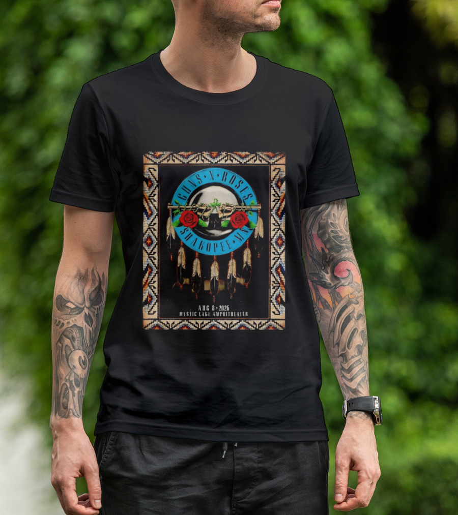 Guns N' Roses Shakopee MN August 8 2026 Mystic Lake Amphitheater Beaded Border Feathers Roses T-Shirt