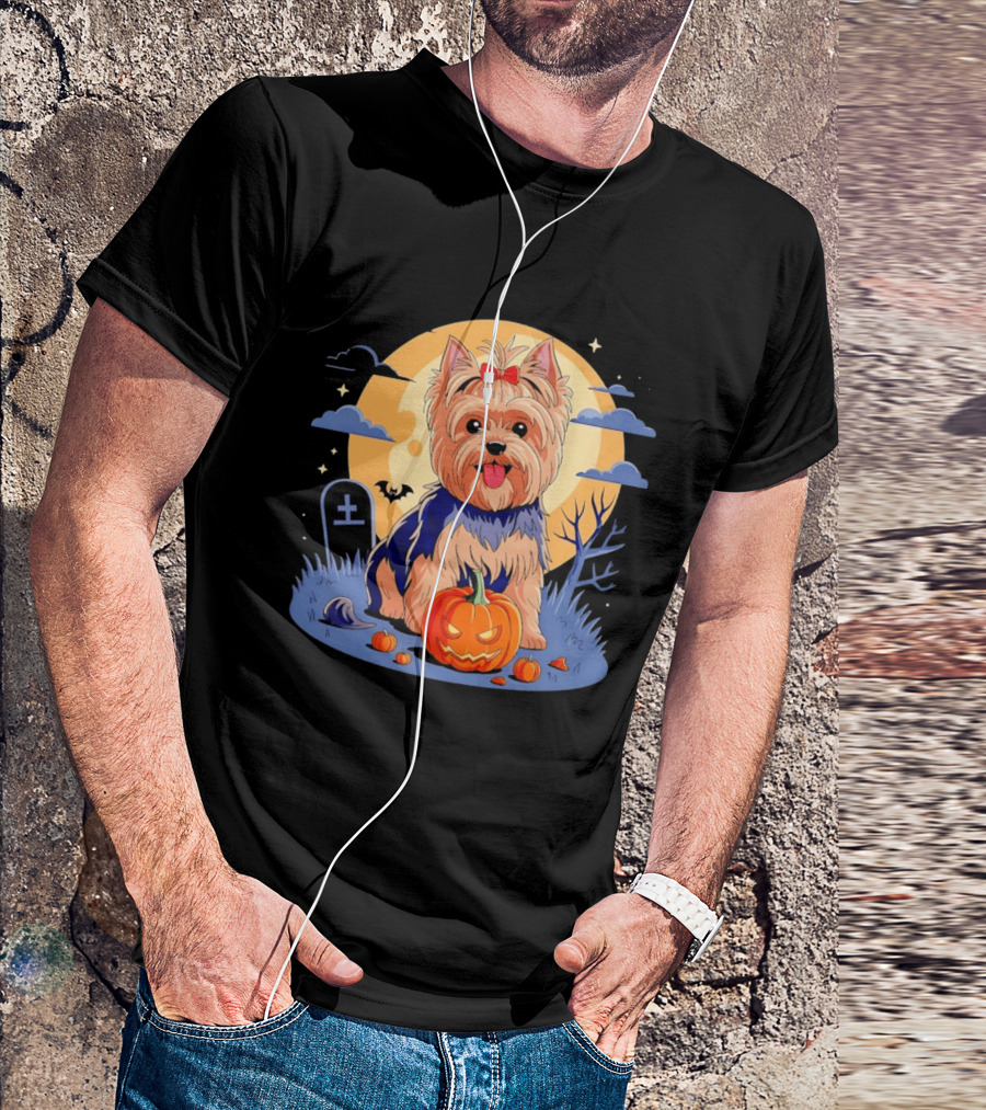 Yorkshire Terrier With Pumpkin On Spooky Halloween Night T-Shirt