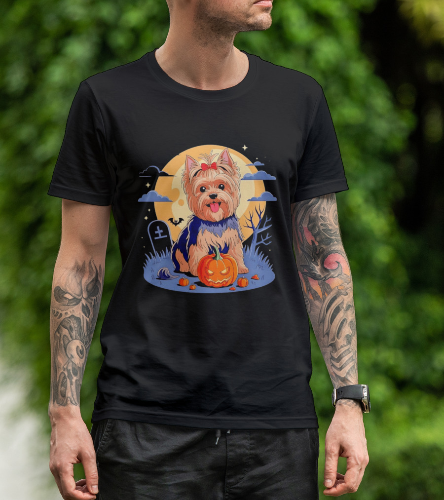 Yorkshire Terrier With Pumpkin On Spooky Halloween Night T-Shirt