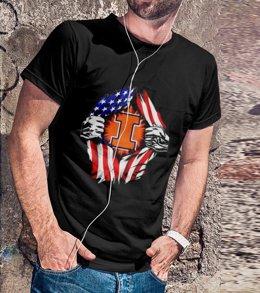 Illinois Fighting Illini I Letter American Flag Patriotic Rip T-Shirt